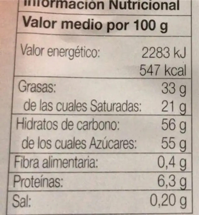 Chocolate relleno de crema de yogur nutrition facts table