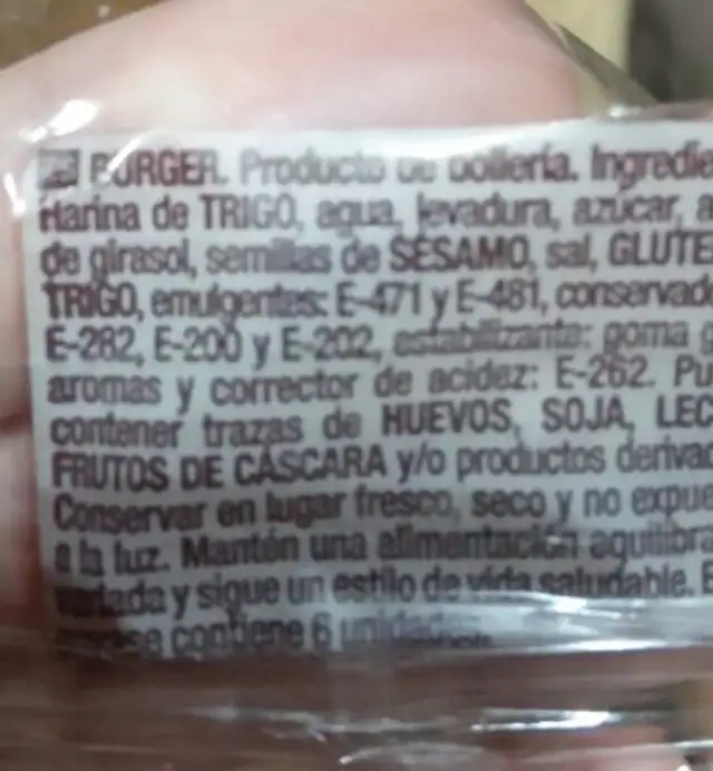 Pan burger ingredients label