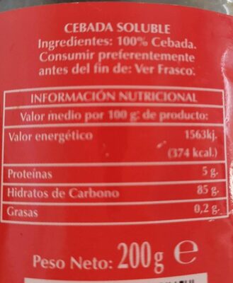 Cebada soluble el miguelete nutrition facts table