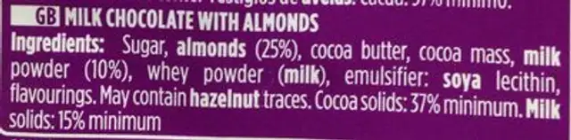 Chocolate con leche con almendras enteras ingredients label