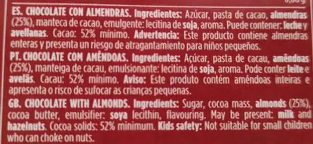 Chocolate puro con almendras ingredients label