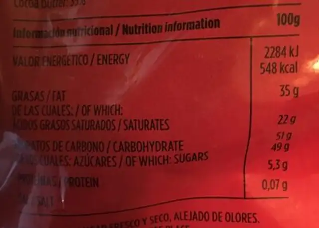 Chocolates valor nutrition facts table