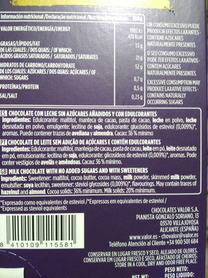 Chocolate con leche sin azucares añadidos ingredients label