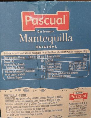 Mantequilla original nutrition facts table
