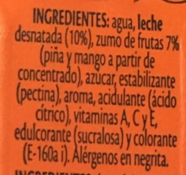 Bifrutas Tropical ingredients label