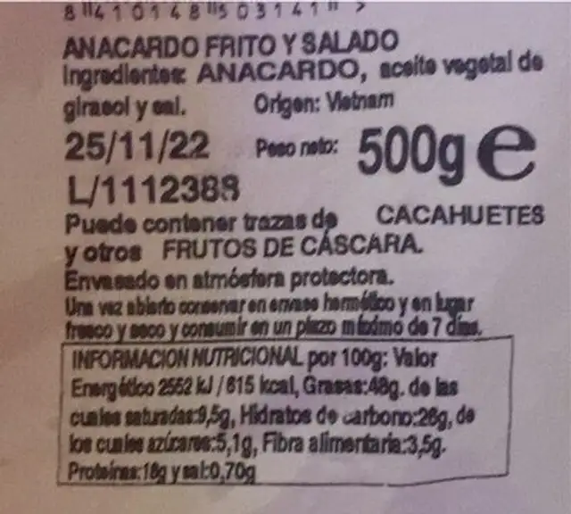 Anacardo nutrition facts table