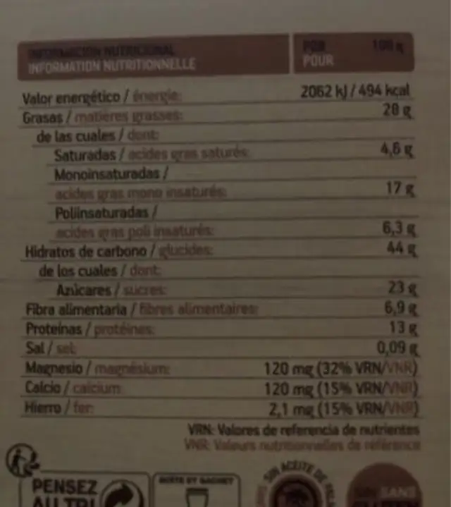 Barritas de frutos secos con avellanas y cacao sin gluten nutrition facts table