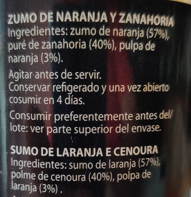 Zumo Zanahoria ingredients label