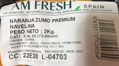 Naranja PREMIUM especial Zumo nutrition facts table