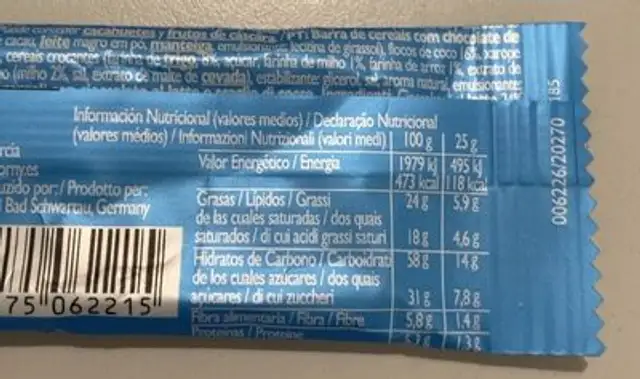 Corny cioccolato e cocco nutrition facts table
