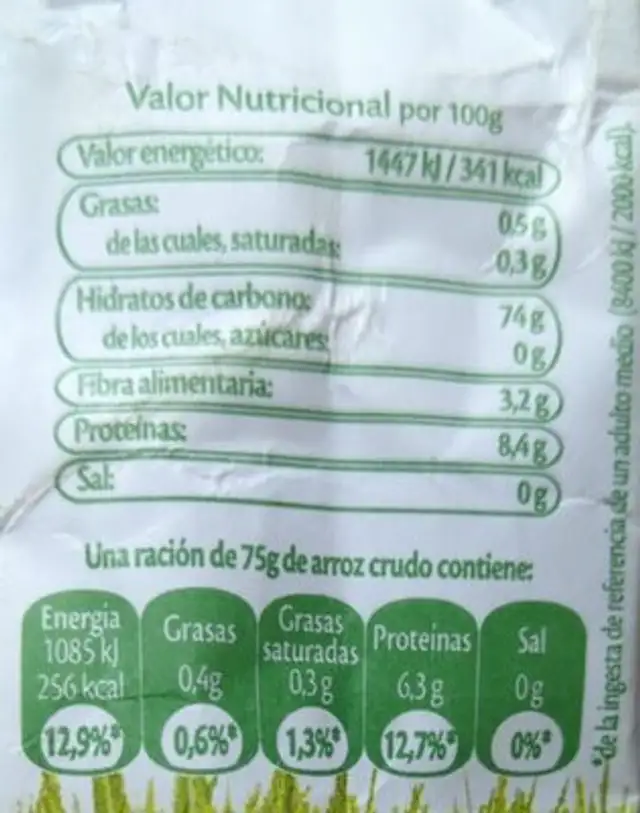 arroz ecologico nutrition facts table