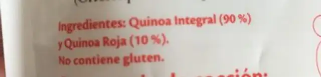 Quinoa Integral et rouge ingredients label