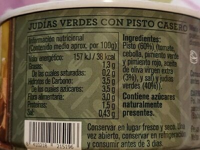 Judias verdes con pisto casero ingredients label