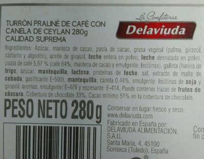 Delaviuda Turrón Crujiente De Café Con Canela De C ingredients label