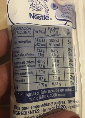 Masa para empanadillas y postres nutrition facts table