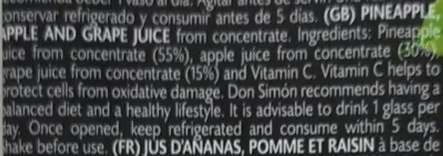 Pineapple, apple & grape ingredients label