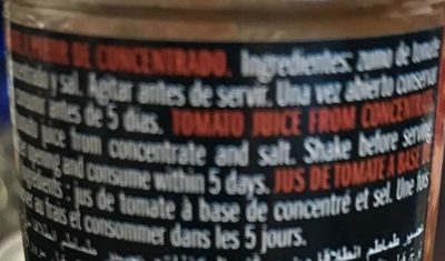 Zumo de tomate ingredients label