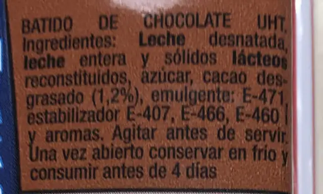 Batido De Chocolate ingredients label
