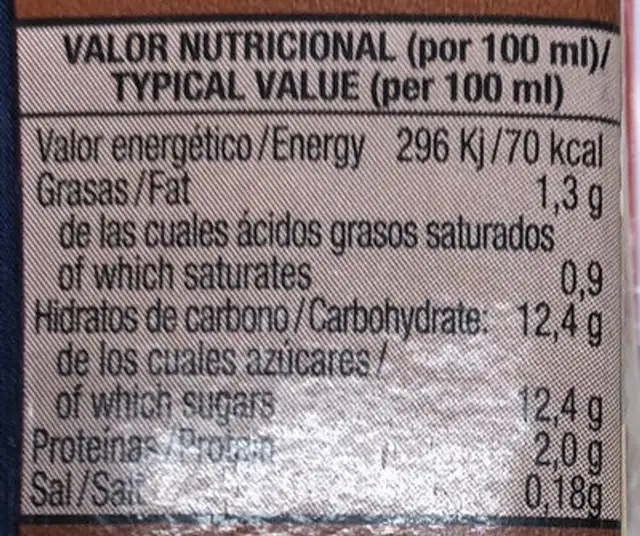 Batido De Chocolate nutrition facts table