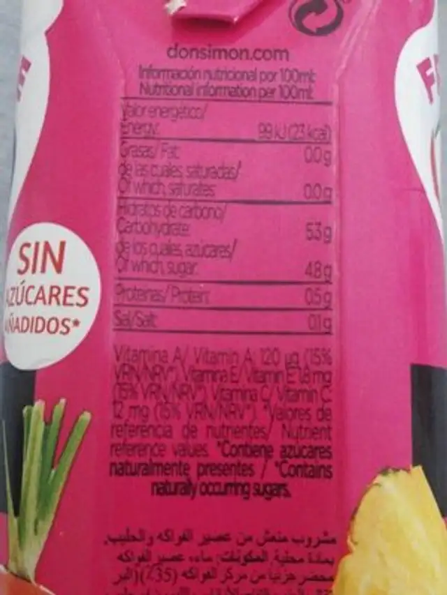 Don Simon Multifruta Zero nutrition facts table