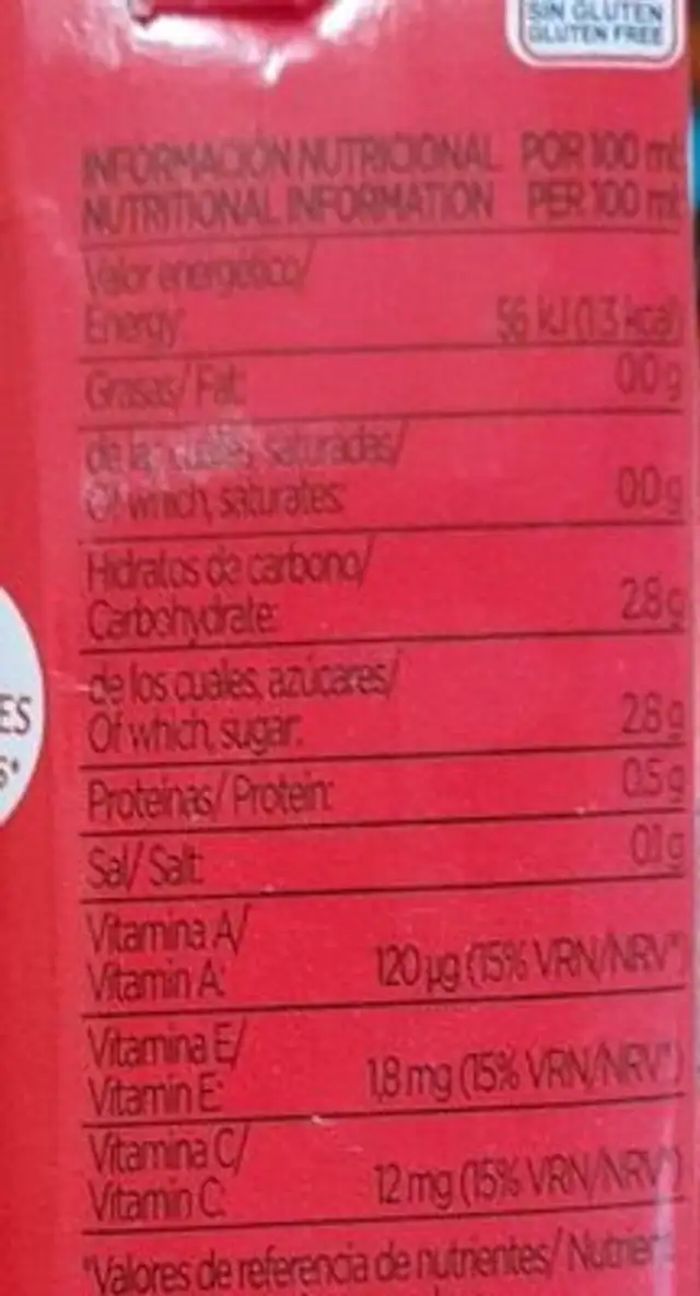Zumo Sandia Melon nutrition facts table