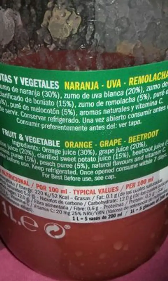 ZUMO NARAN. UVA REMOLACHA DON SIMON ingredients label