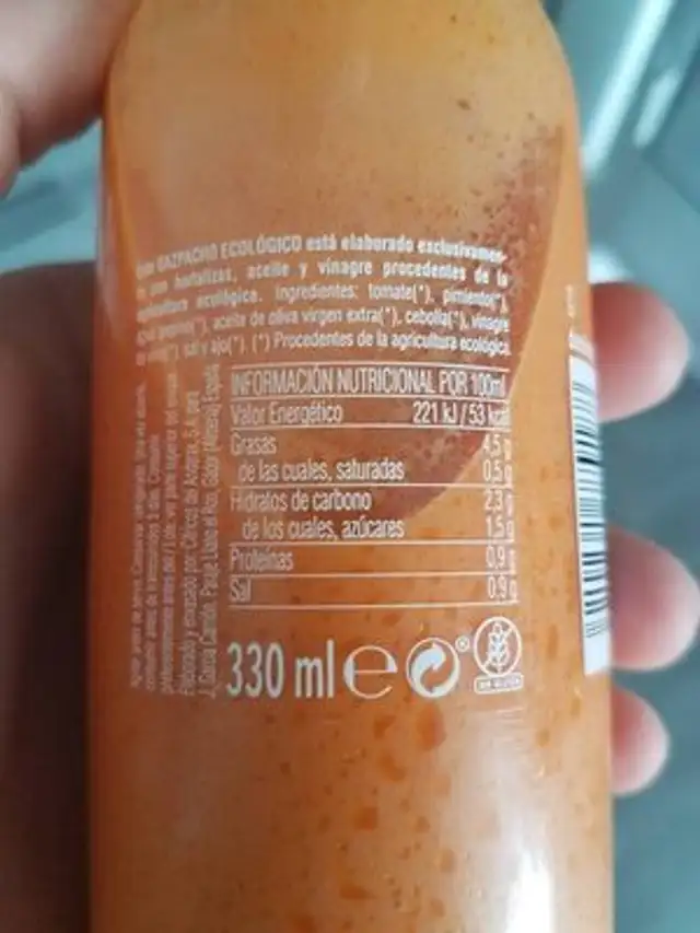Gazpacho ecológico nutrition facts table