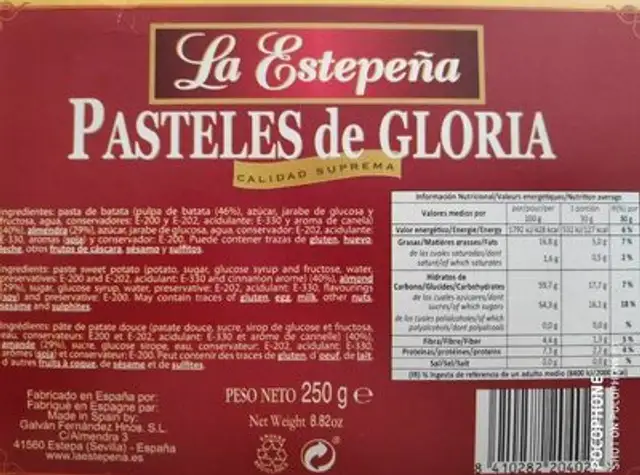 Pasteles de gloria nutrition facts table