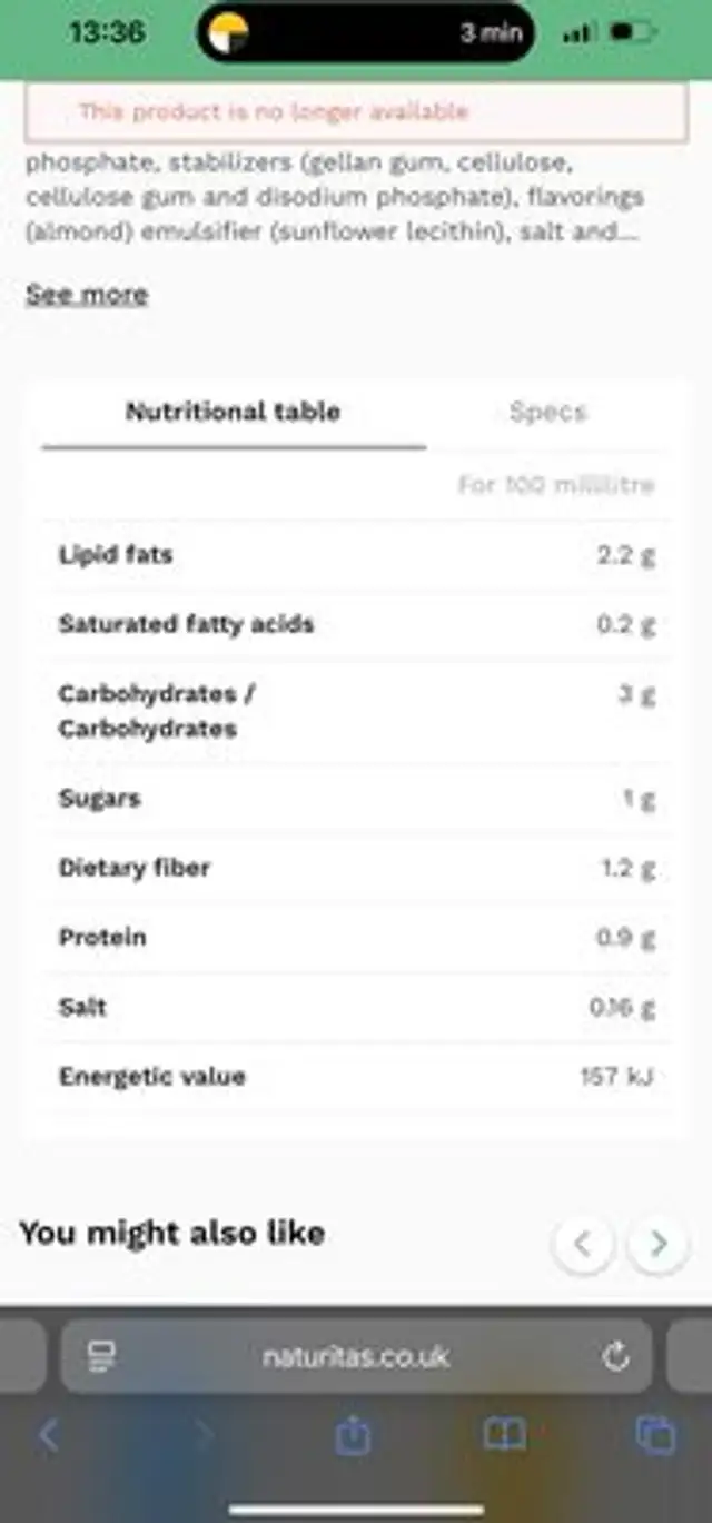 Almond No Added Sugar ingredients label