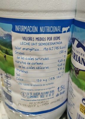 Leche En Botella Semidesnatada Asturiana nutrition facts table