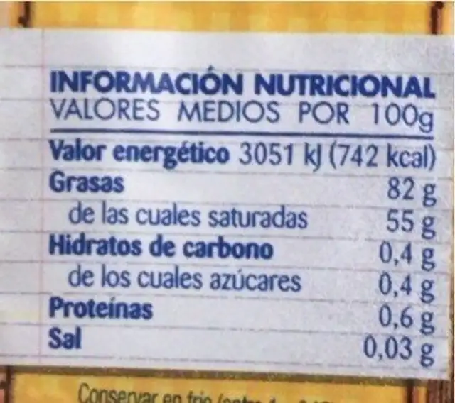 Mantequilla tradicional nutrition facts table