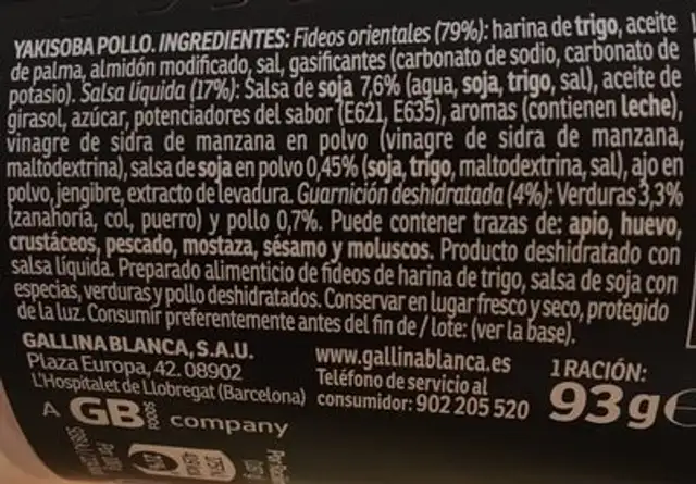 Yatekomo yakisoba de pollo ingredients label
