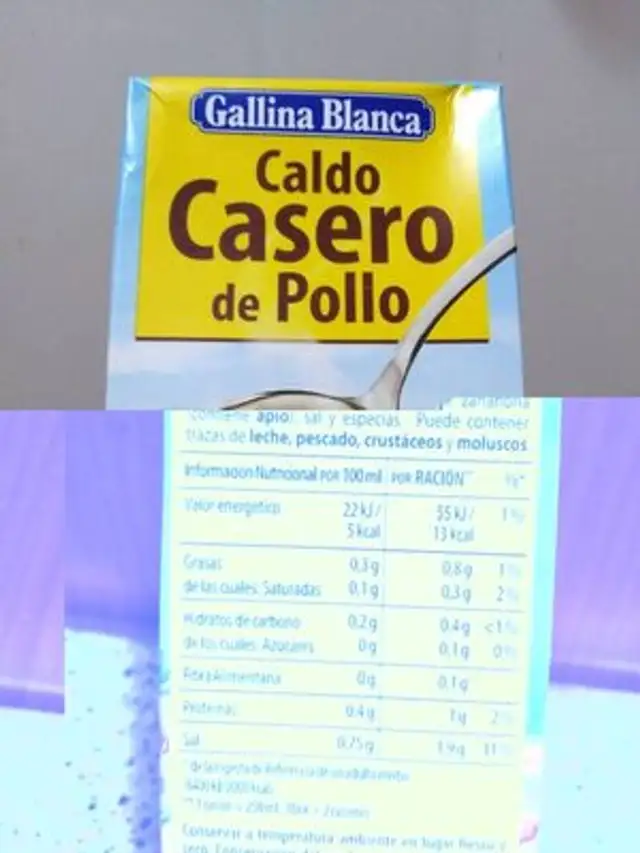 Caldo de pollo casero 100% natural envase 500 ml ingredients label