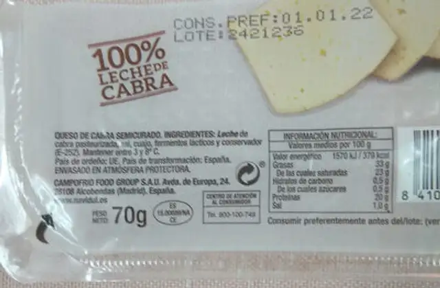 Queso de cabra en lonchas ingredients label