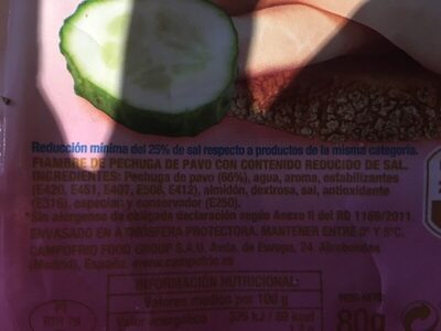 Cuida-t+ pechuga de pavo ingredients label