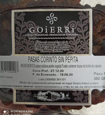 Pasas de Corinto sin pepita