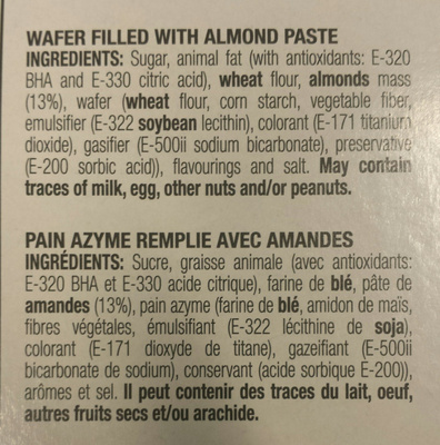 Almendras rellenas ingredients label