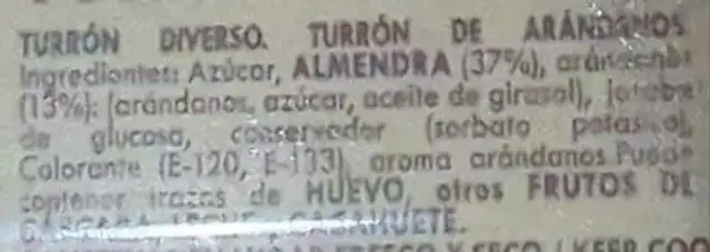 Turrón de mazapán con arándanos ingredients label