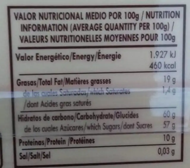 Turrón de mazapán con arándanos nutrition facts table