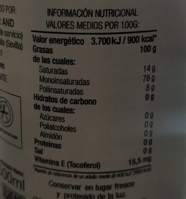 Aceite Oliva Virgen Extra nutrition facts table