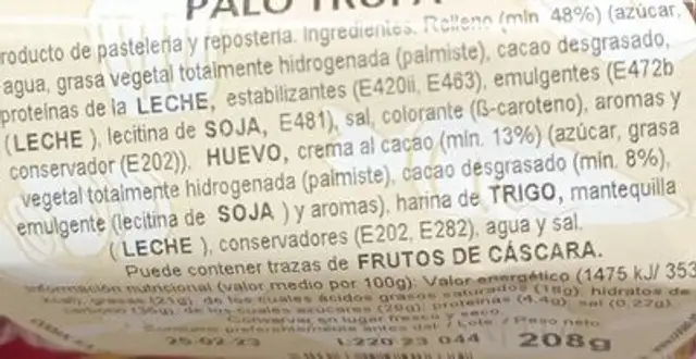 Pasly nutrition facts table