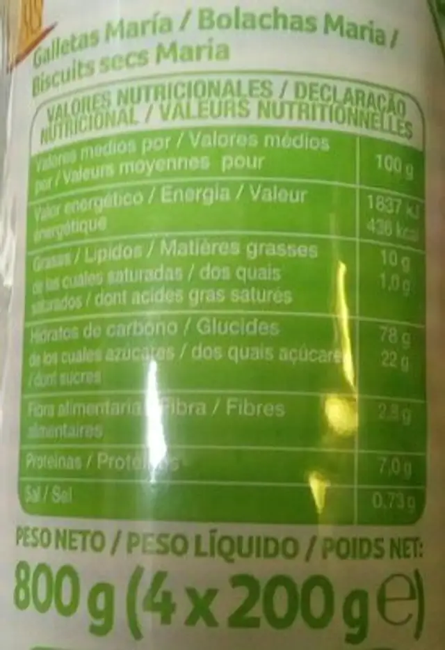 Galletas María nutrition facts table