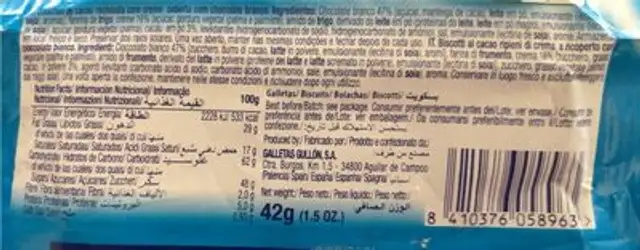 Twins white chocolate nutrition facts table