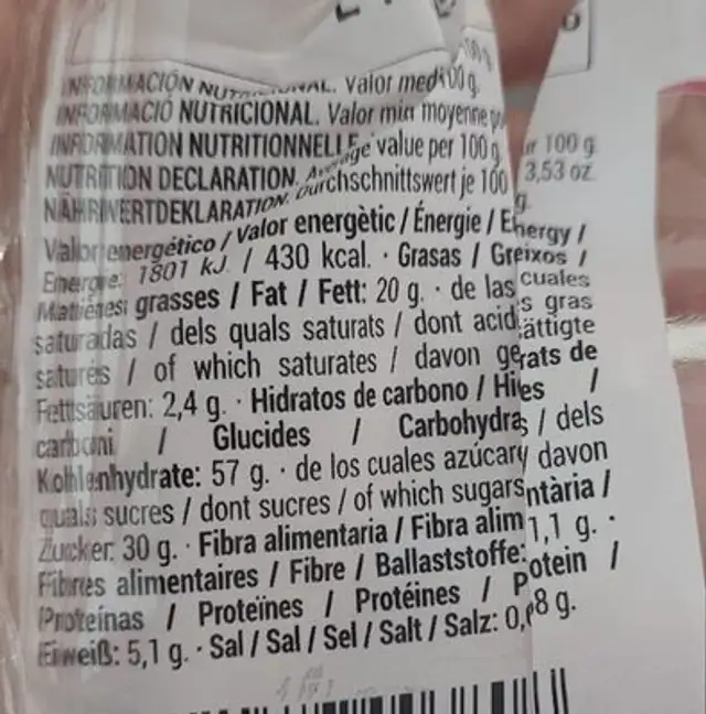 Bizcocho nutrition facts table