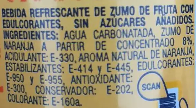 Kas Zero Naranja ingredients label