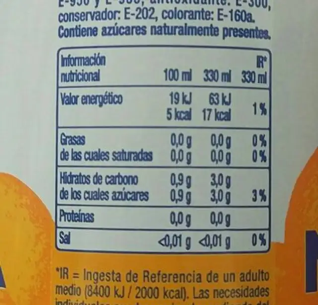 Kas Zero Naranja nutrition facts table