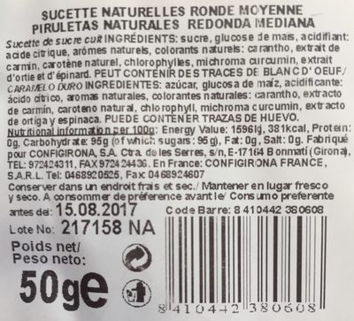 Sucette naturelle ronde moyenne ingredients label