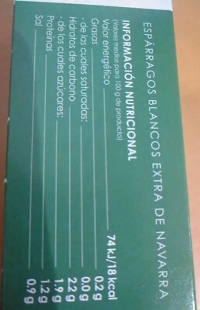 Espárragos blancos extra de Navarra nutrition facts table