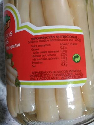 Espárragos blancos, muy gruesos 17/24 u. nutrition facts table