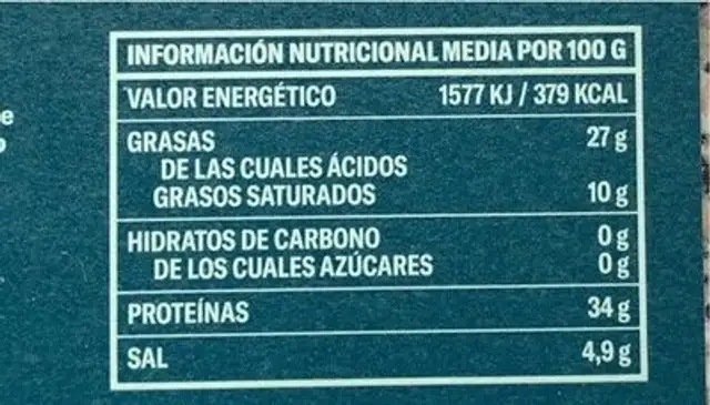 Paleta de bellota 100% Ibérica nutrition facts table
